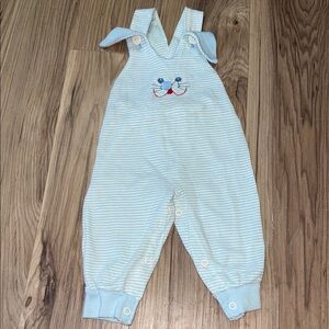 Vintage Blue Bunny Baby Overalls with Hand Embroidered Face